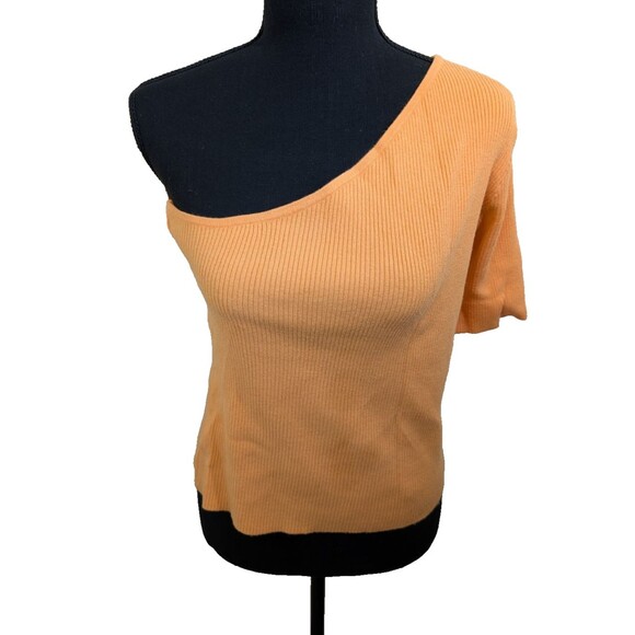 Vero Moda Top One Shoulder Short Sleeve Orange Ribbed Knit Stretch Medium - Picture 1 of 14